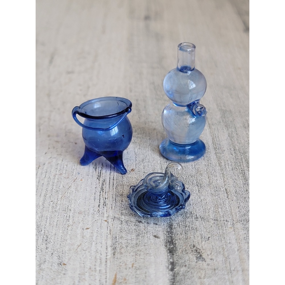 Vintage mini dollhouse blue glass art piece set furniture home decor unique